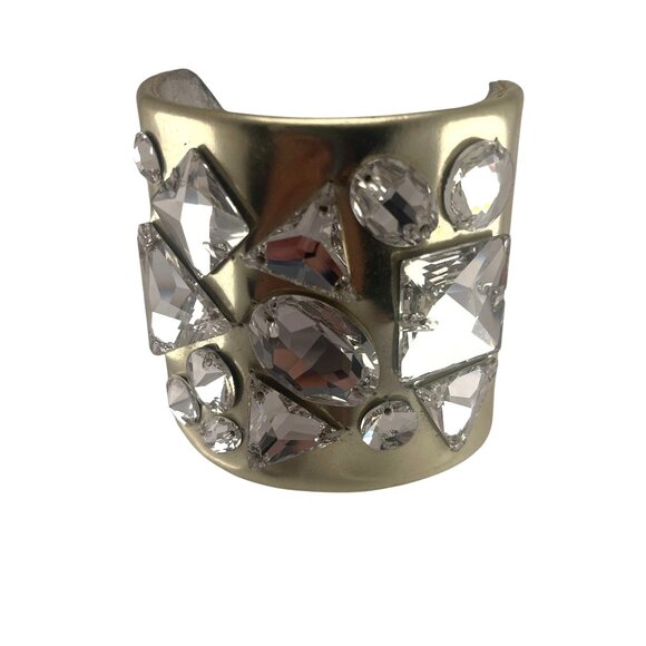 Ted Rossi NYC Gold Silver Leather Designer Rare Y2K Crystal Cuff Bracelet 2" Wid - Picture 5 of 10